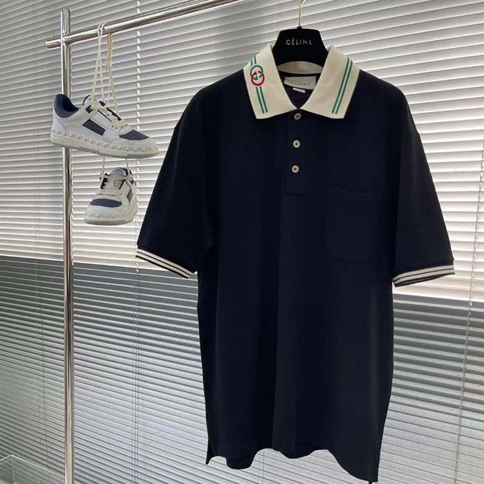 Gucci Men Cotton Piquet Polo Interlocking G Black Side Vents Short Sleeves