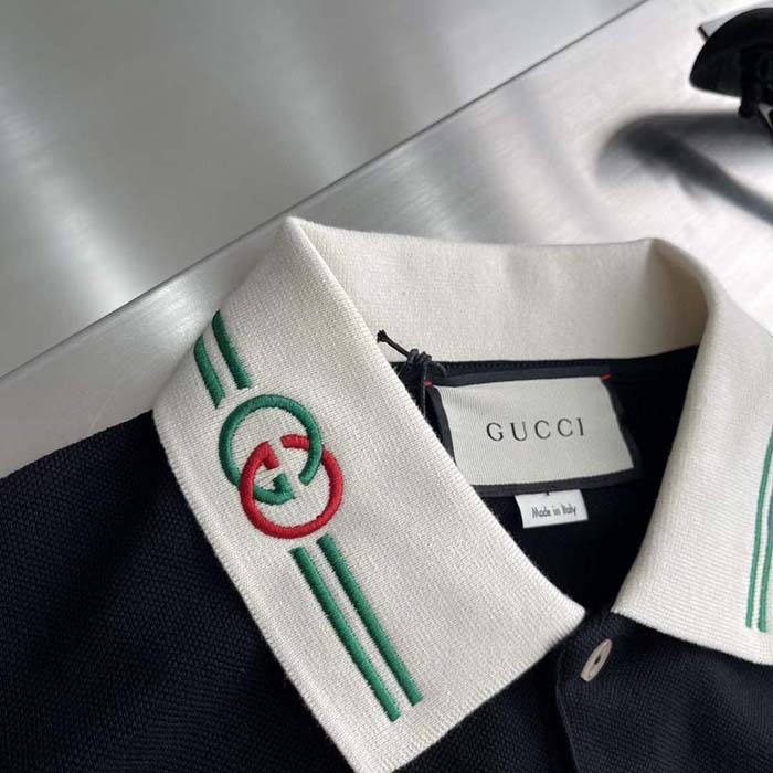 Gucci Men Cotton Piquet Polo Interlocking G Black Side Vents Short Sleeves