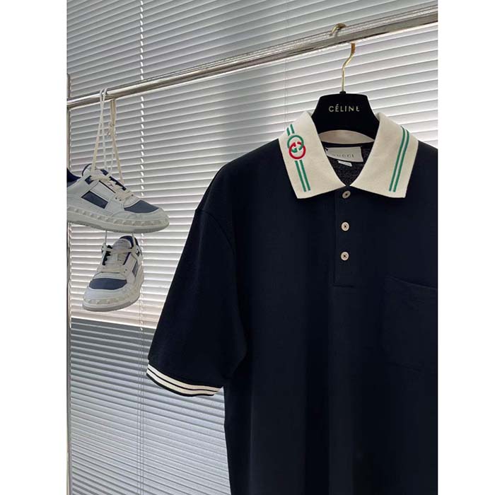 Gucci Men Cotton Piquet Polo Interlocking G Black Side Vents Short Sleeves