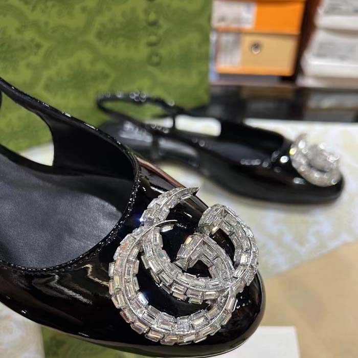 Gucci Women GG Ballerina Double G Black Patent Leather Crystals Flat