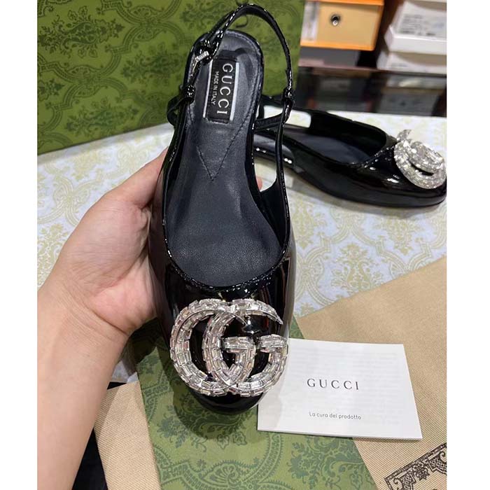 Gucci Women GG Ballerina Double G Black Patent Leather Crystals Flat
