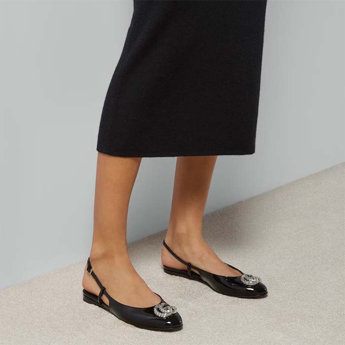 Gucci Women GG Ballerina Double G Black Patent Leather Crystals Flat