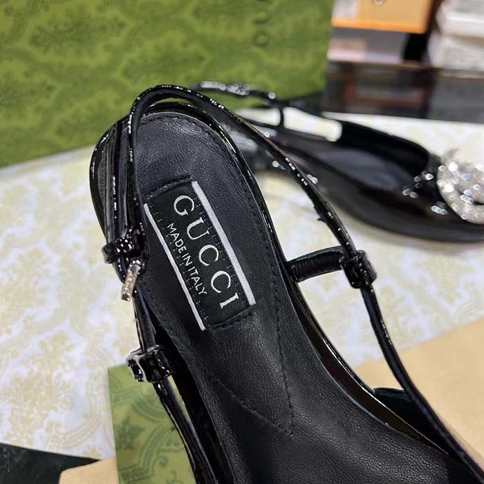 Gucci Women GG Ballerina Double G Black Patent Leather Crystals Flat