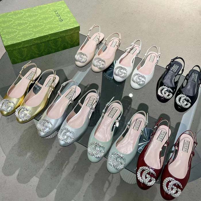 Gucci Women GG Ballerina Double G Black Patent Leather Crystals Flat