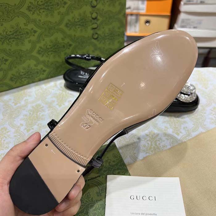 Gucci Women GG Ballerina Double G Black Patent Leather Crystals Flat
