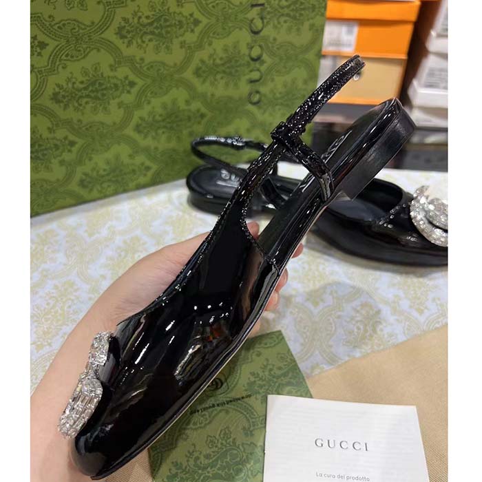 Gucci Women GG Ballerina Double G Black Patent Leather Crystals Flat