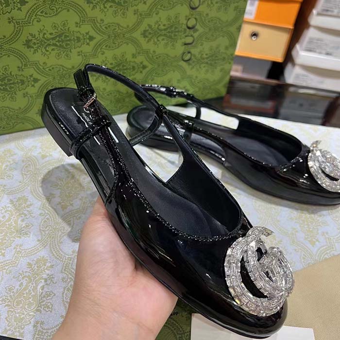 Gucci Women GG Ballerina Double G Black Patent Leather Crystals Flat