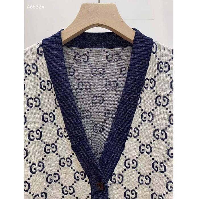 Gucci Women GG Cotton Jacquard Cardigan V-Neck Two Front Pockets