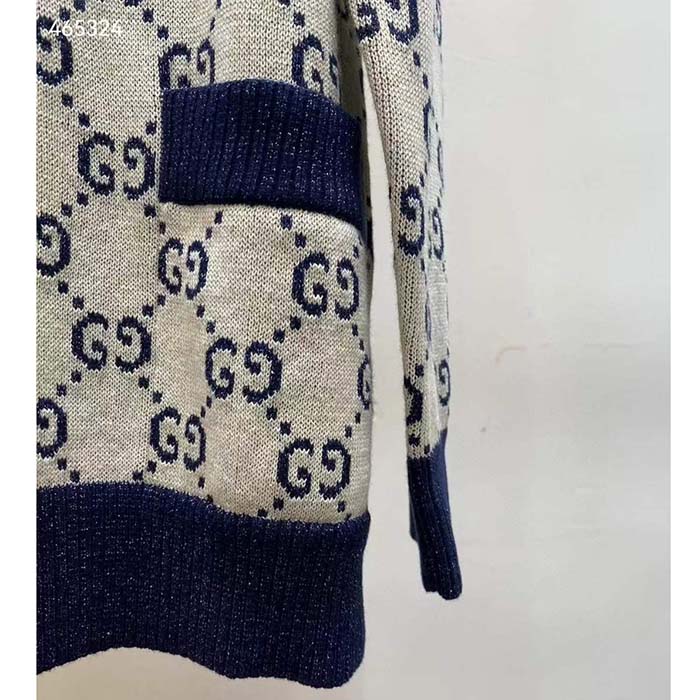 Gucci Women GG Cotton Jacquard Cardigan V-Neck Two Front Pockets
