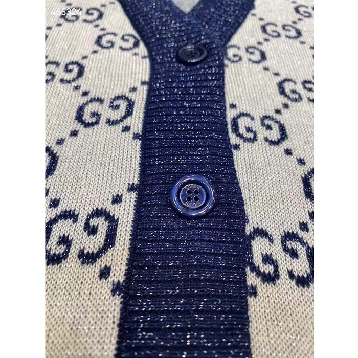 Gucci Women GG Cotton Jacquard Cardigan V-Neck Two Front Pockets