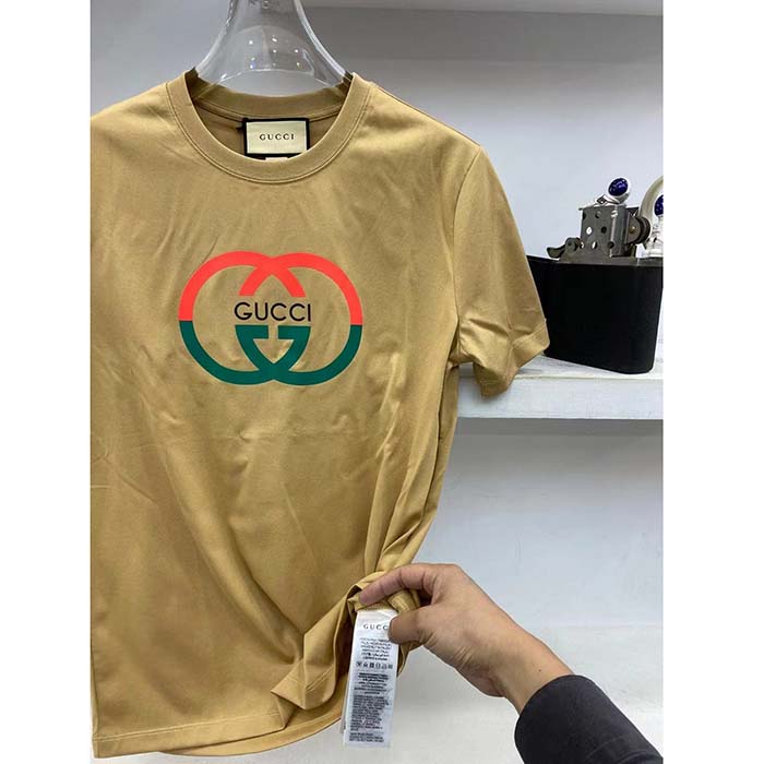 Gucci Women GG Cotton Jersey Printed T-Shirt Camel Crewneck Short Sleeves