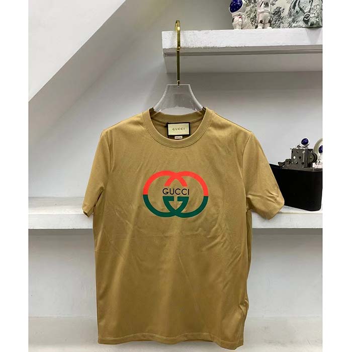Gucci Women GG Cotton Jersey Printed T-Shirt Camel Crewneck Short Sleeves