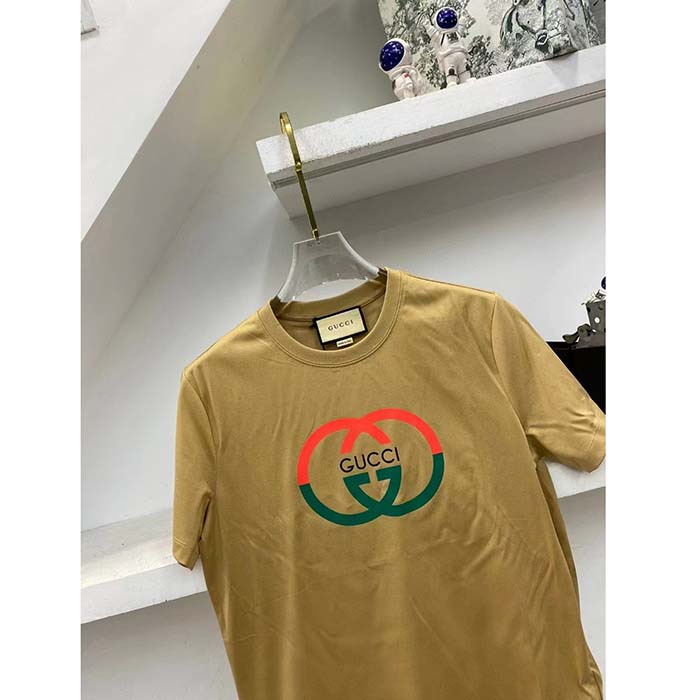 Gucci Men GG Cotton Jersey Printed T-Shirt Camel Crewneck Short Sleeves