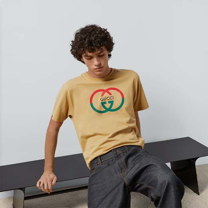 Gucci Men GG Cotton Jersey Printed T-Shirt Camel Crewneck Short Sleeves