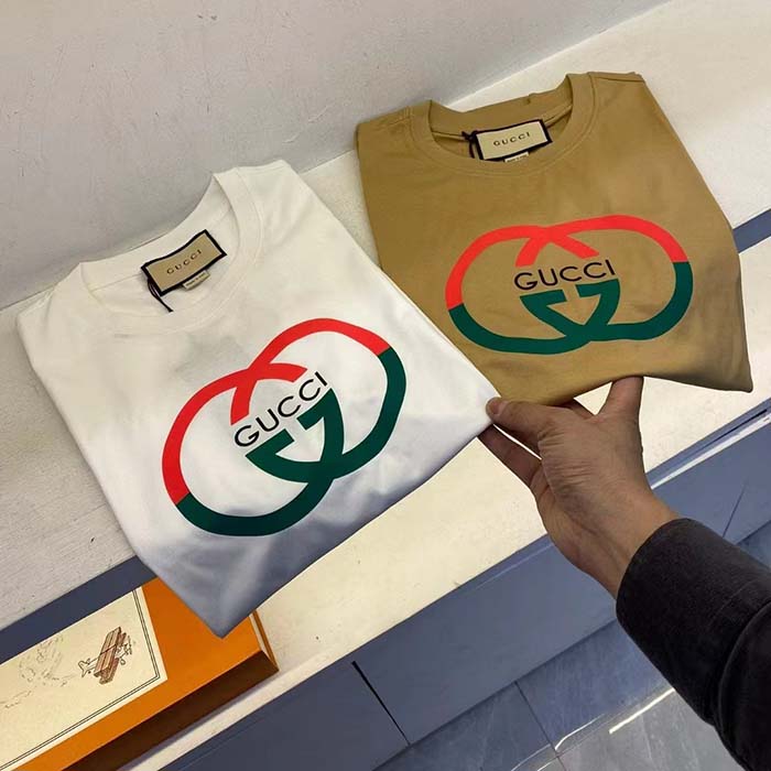 Gucci Women GG Cotton Jersey Printed T-Shirt Camel Crewneck Short Sleeves