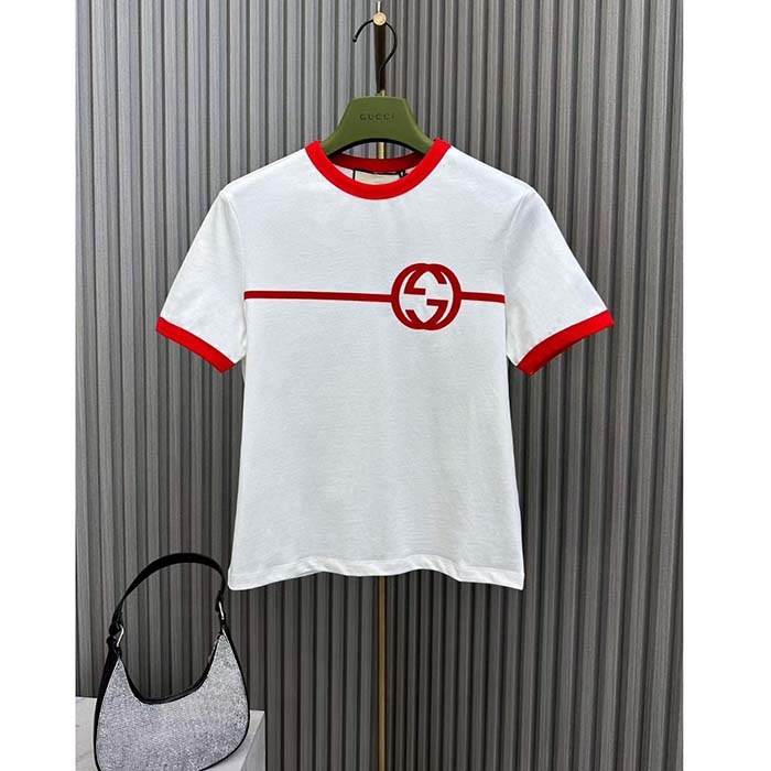 Gucci Women GG Cotton Jersey Printed T-Shirt Crewneck Short Sleeves White
