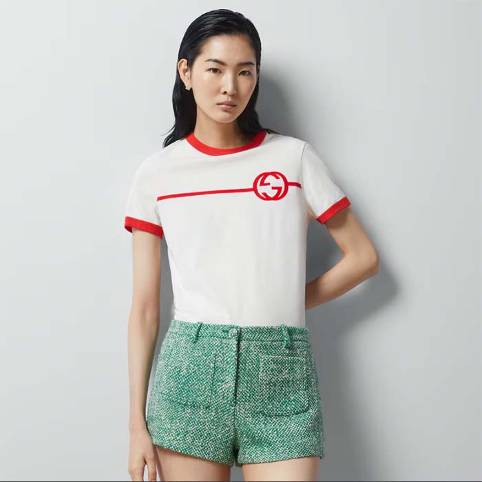 Gucci Women GG Cotton Jersey Printed T-Shirt Crewneck Short Sleeves White