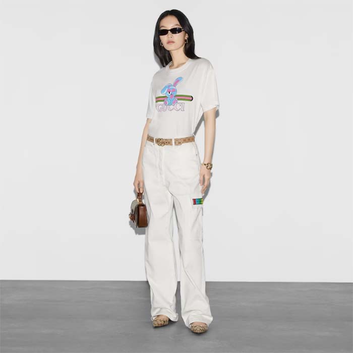 Gucci Women GG Cotton Jersey Printed T-Shirt White Crewneck Short Sleeves
