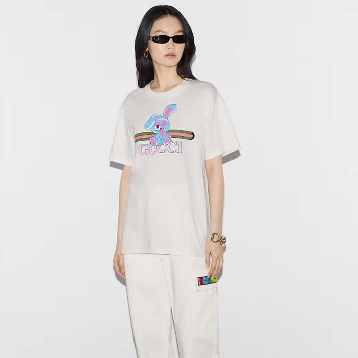 Gucci Women GG Cotton Jersey Printed T-Shirt White Crewneck Short Sleeves