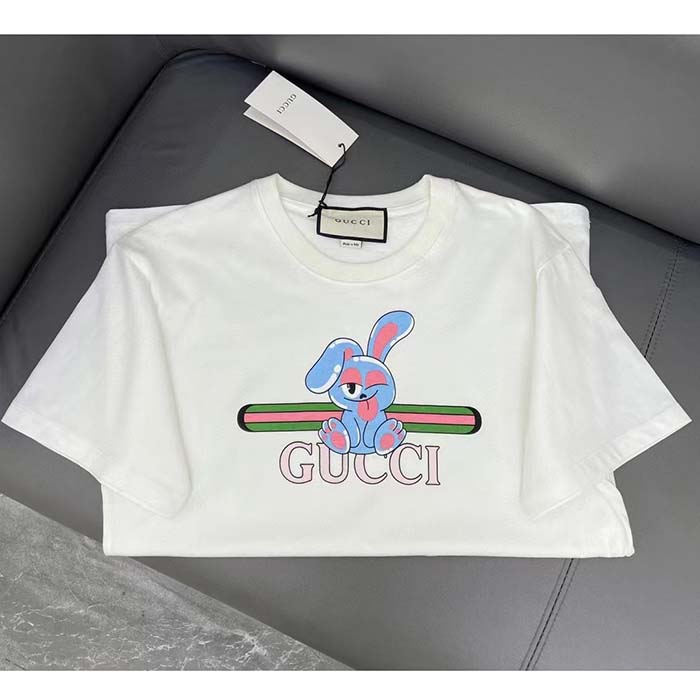 Gucci Women GG Cotton Jersey Printed T-Shirt White Crewneck Short Sleeves