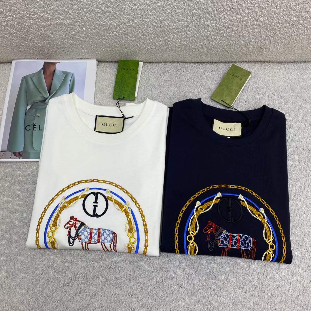 Gucci Men GG Cotton Jersey T-Shirt Interlocking G Crystal Crewneck