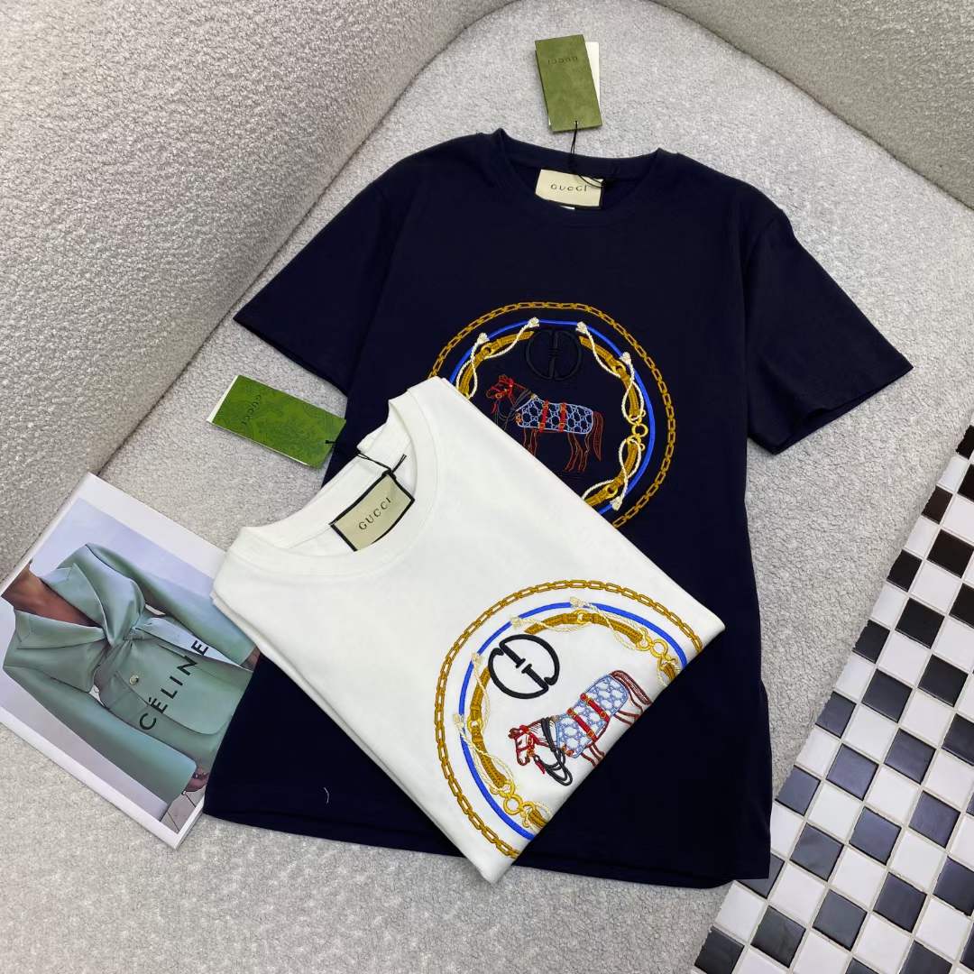 Gucci Men GG Cotton Jersey T-Shirt Interlocking G Crystal Crewneck
