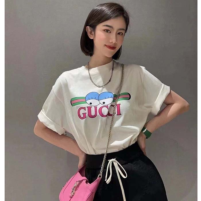 Gucci Women GG Cotton Jersey T-Shirt Print White Crewneck Short Sleeves