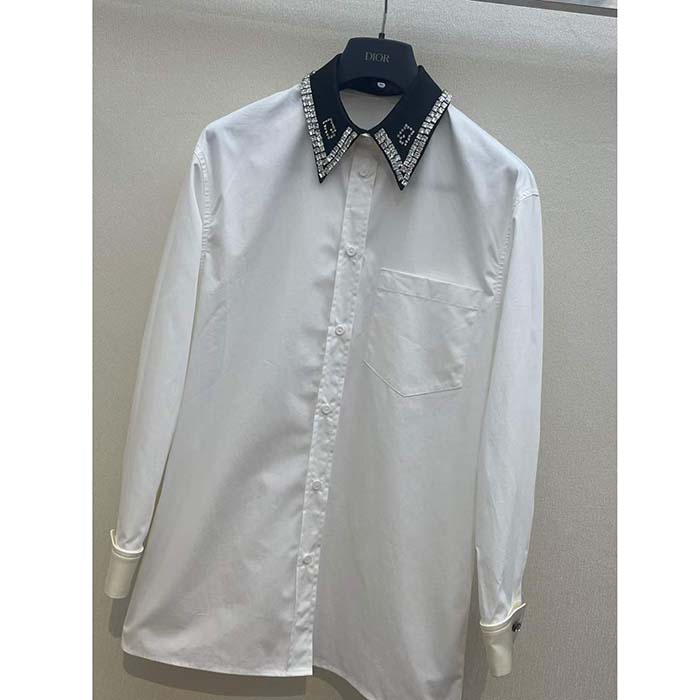 Gucci Women GG Cotton Shirt Detachable Collar White Poplin Long Sleeves