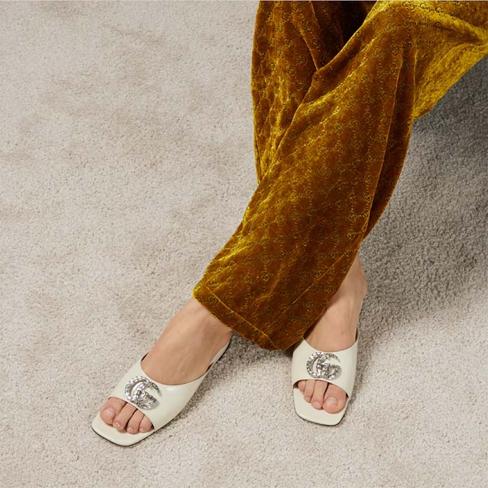 Gucci Women GG Double G Slide Sandal Ivory Patent Leather Crystals Flat