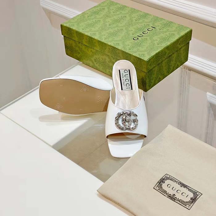 Gucci Women GG Double G Slide Sandal Ivory Patent Leather Crystals Flat