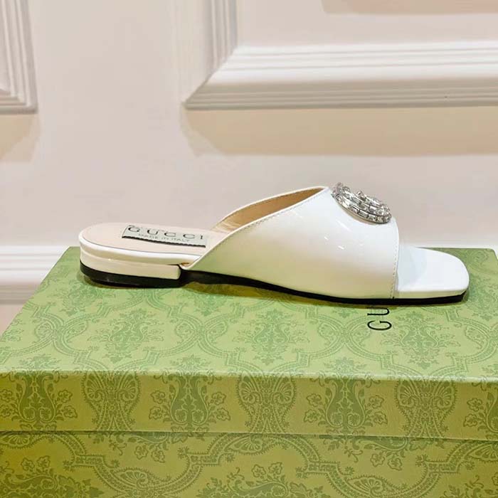 Gucci Women GG Double G Slide Sandal Ivory Patent Leather Crystals Flat