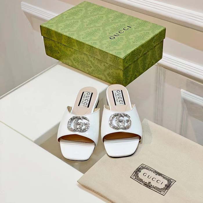 Gucci Women GG Double G Slide Sandal Ivory Patent Leather Crystals Flat