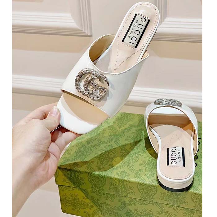 Gucci Women GG Double G Slide Sandal Ivory Patent Leather Crystals Flat