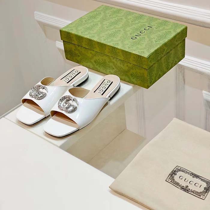 Gucci Women GG Double G Slide Sandal Ivory Patent Leather Crystals Flat