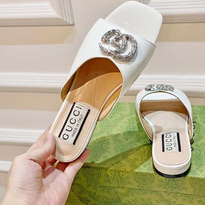 Gucci Women GG Double G Slide Sandal Ivory Patent Leather Crystals Flat
