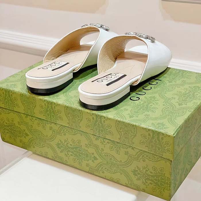 Gucci Women GG Double G Slide Sandal Ivory Patent Leather Crystals Flat
