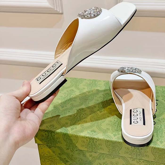 Gucci Women GG Double G Slide Sandal Ivory Patent Leather Crystals Flat