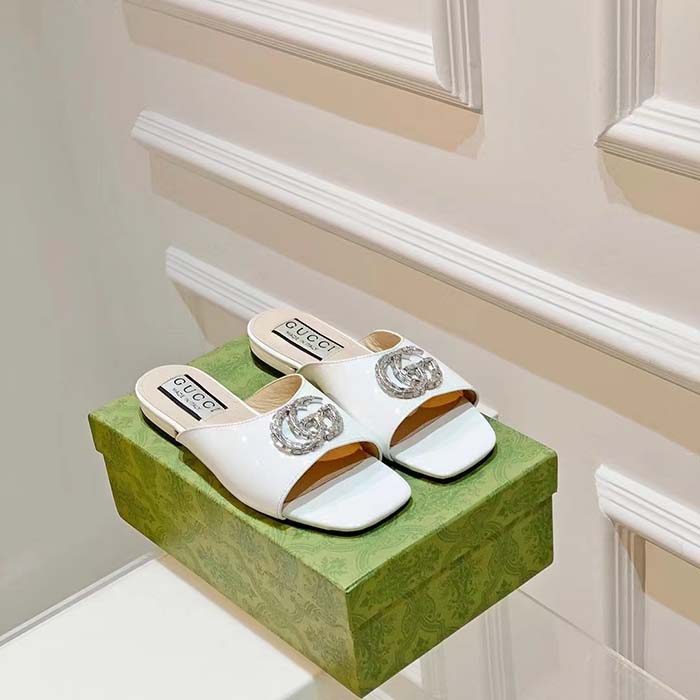 Gucci Women GG Double G Slide Sandal Ivory Patent Leather Crystals Flat