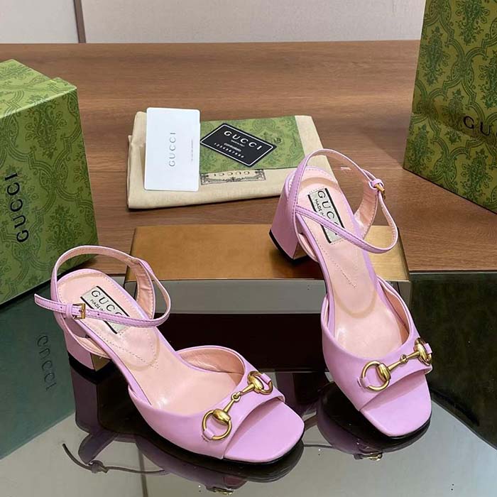 Gucci Women GG Horsebit Mid-Heel Sandal Lilac Leather Sole Ankle Buckle