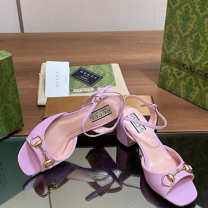 Gucci Women GG Horsebit Mid-Heel Sandal Lilac Leather Sole Ankle Buckle