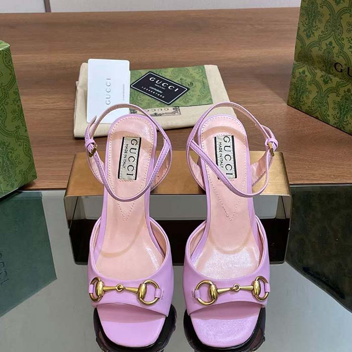 Gucci Women GG Horsebit Mid-Heel Sandal Lilac Leather Sole Ankle Buckle