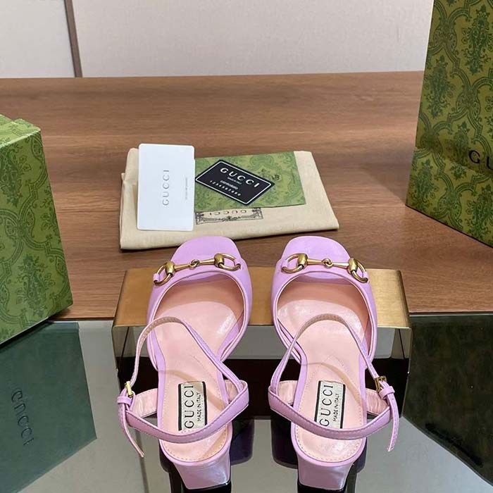 Gucci Women GG Horsebit Mid-Heel Sandal Lilac Leather Sole Ankle Buckle