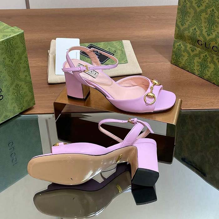 Gucci Women GG Horsebit Mid-Heel Sandal Lilac Leather Sole Ankle Buckle