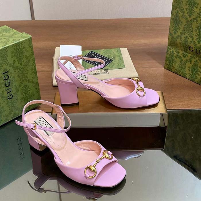 Gucci Women GG Horsebit Mid-Heel Sandal Lilac Leather Sole Ankle Buckle
