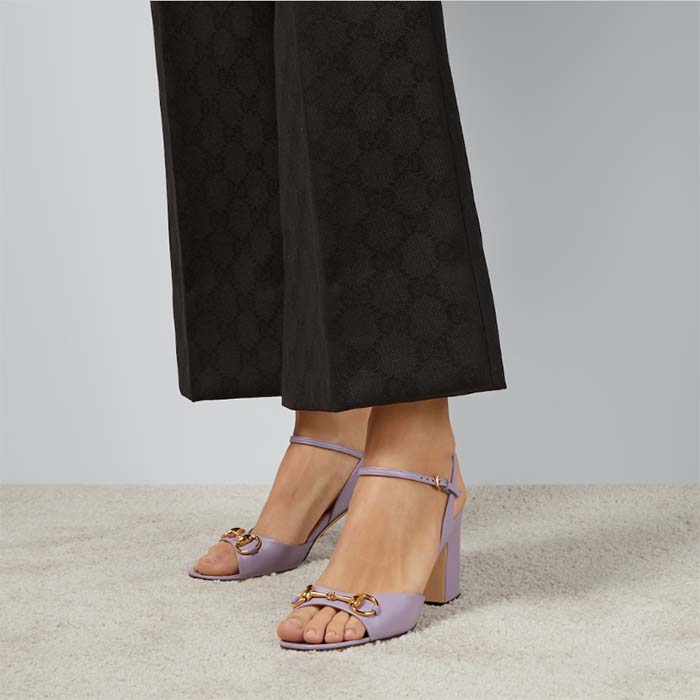 Gucci Women GG Horsebit Mid-Heel Sandal Lilac Leather Sole Ankle Buckle