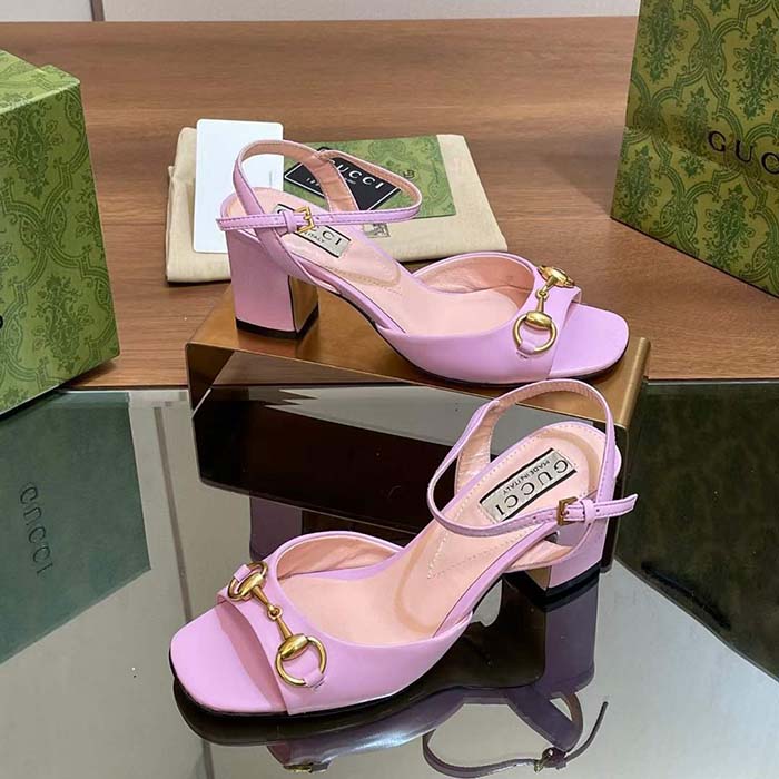 Gucci Women GG Horsebit Mid-Heel Sandal Lilac Leather Sole Ankle Buckle