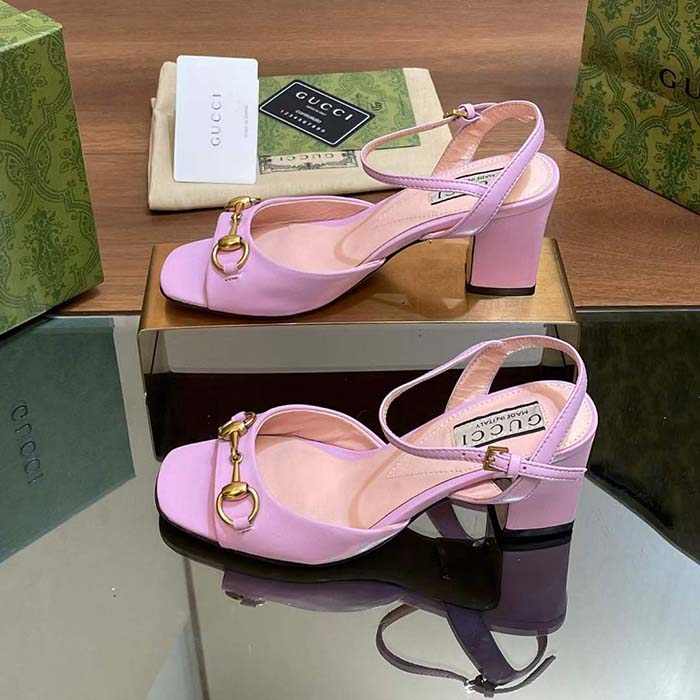 Gucci Women GG Horsebit Mid-Heel Sandal Lilac Leather Sole Ankle Buckle