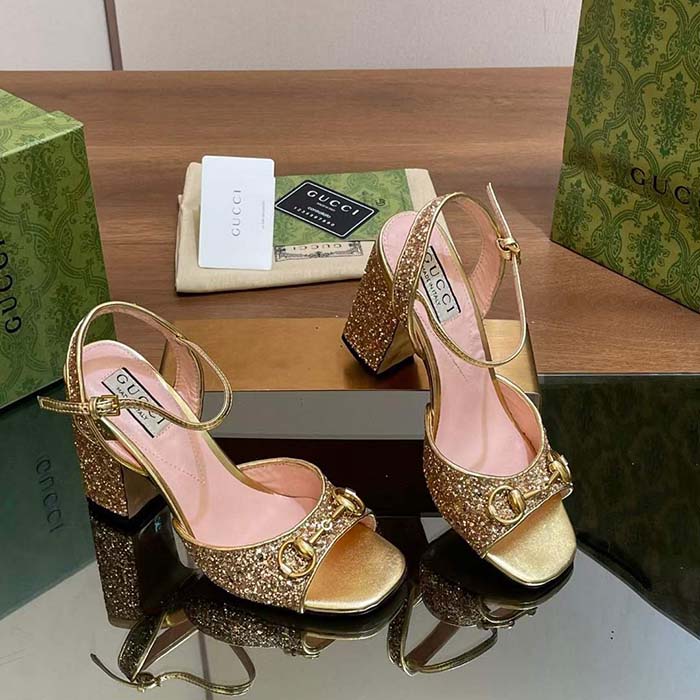 Gucci Women GG Horsebit Mid-Heel Sandal Metallic Gold Leather Crystals