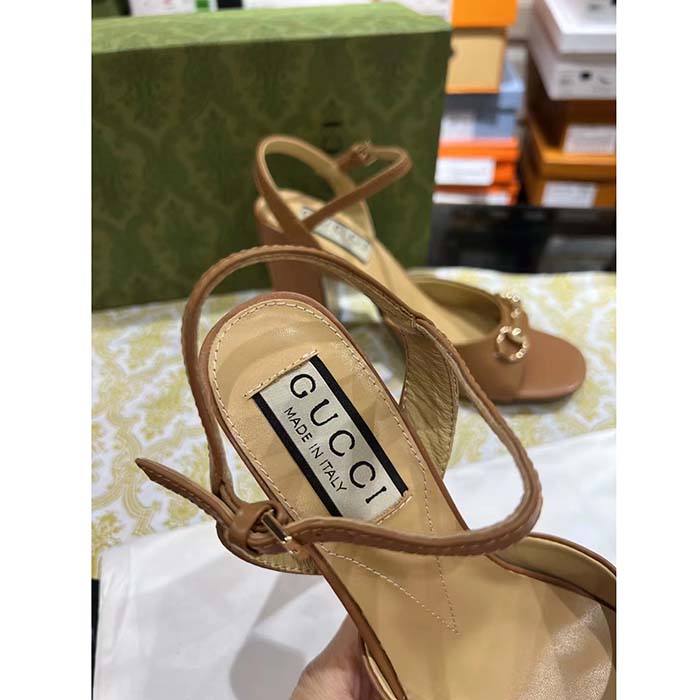 Gucci Women GG Horsebit Sandal Brown Leather High Heel Ankle Buckle