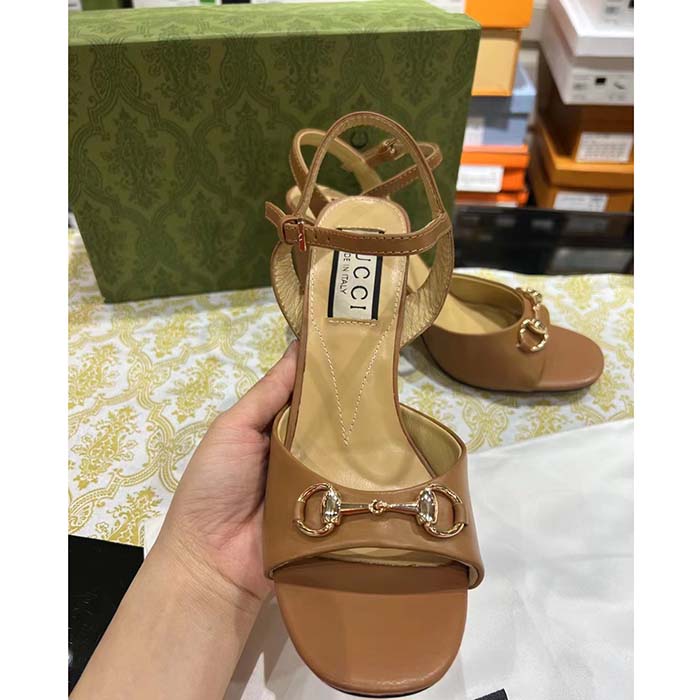 Gucci Women GG Horsebit Sandal Brown Leather High Heel Ankle Buckle